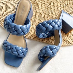 SODA Braided Womens block Heel Mules Blue